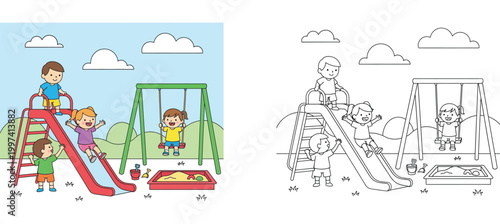 Children Playing at Outdoor Playground with Slide Swing and Sandbox Cartoon Illustration and Coloring Book Version, Kids Having Fun at Park Vector Graphic Set