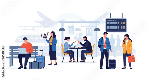 Diverse Travelers and Business Professionals in a Busy Transport Hub, Utilizing Laptops, Tablets, and Smartphones for Work and Communication