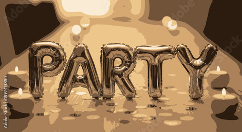 Celebration Time: Silver Foil Balloons Spell Out Party with Candlelight