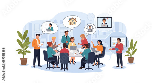 Modern Business Team Discussing Strategy in Hybrid Office Environment Vector