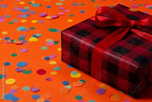 Wrapped Gift on Colorful Confetti Background Ready for Celebration