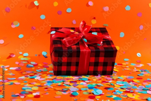 Wrapped Gift on Colorful Confetti Background Ready for Celebration