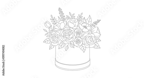 Elegant floral arrangement in a hat box line art.