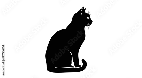 Elegant Black Cat Silhouette Sitting Gracefully in Profile on Isolated White Background