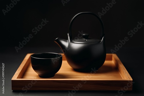 Black Teapot and Cup on Wooden Tray in Simple Setup With Dark Background