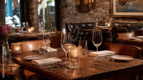 Elegant table settings are prepared inside a dimly lit rustic restaurant with stone walls.
