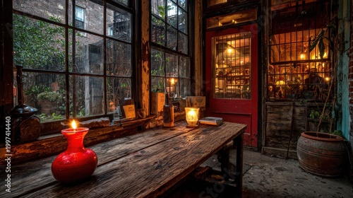 Candlelight illuminates a rustic wooden table inside a cozy room with large windows overlooking a garden.