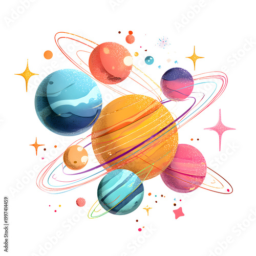 Colorful 3D Cartoon Planets and Stars Floating in Space Isolated