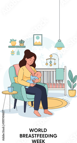 During World Breastfeeding Week, a breastfeeding mother lovingly nurses her baby in a cozy nursery, promoting