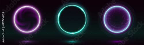 Glowing neon circles with magical swirling energy portals inside
