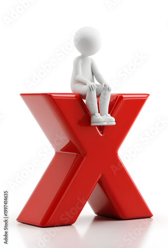 3D Human Sitting on Red X Symbol Concept Isolated on White