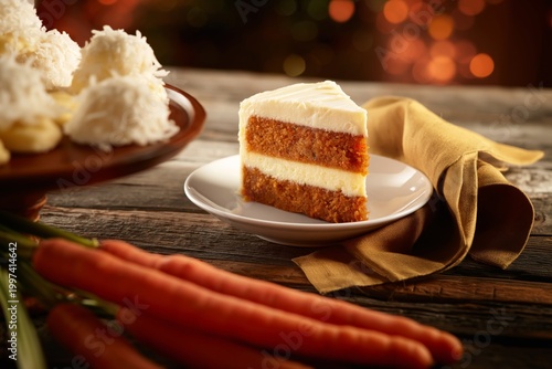 A Slice of Carrot Cake Sits on a White Plate Next to Fresh Carrots