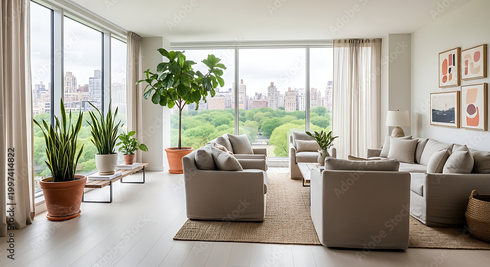 Fototapeta premium Cozy living room interior with natural light and indoor plants isolated on transparent background