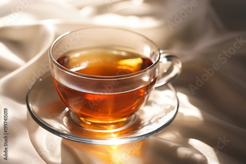 Warm Cup of Tea on Smooth Fabric in a Well-Lit Setting