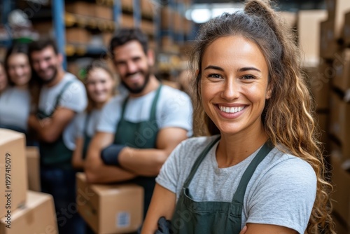Diverse group of smiling volunteers working at a food bank warehouse