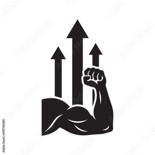 Flexed arm bicep muscle with up arrows silhouette icon representing strength increase and fitness growth
