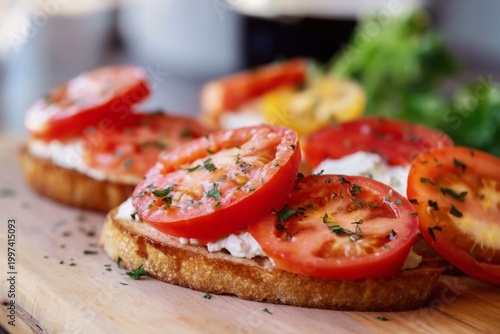 Fresh Tomato Slices on Bread With Herb Topping on a Wooden Board in a Kitchen...