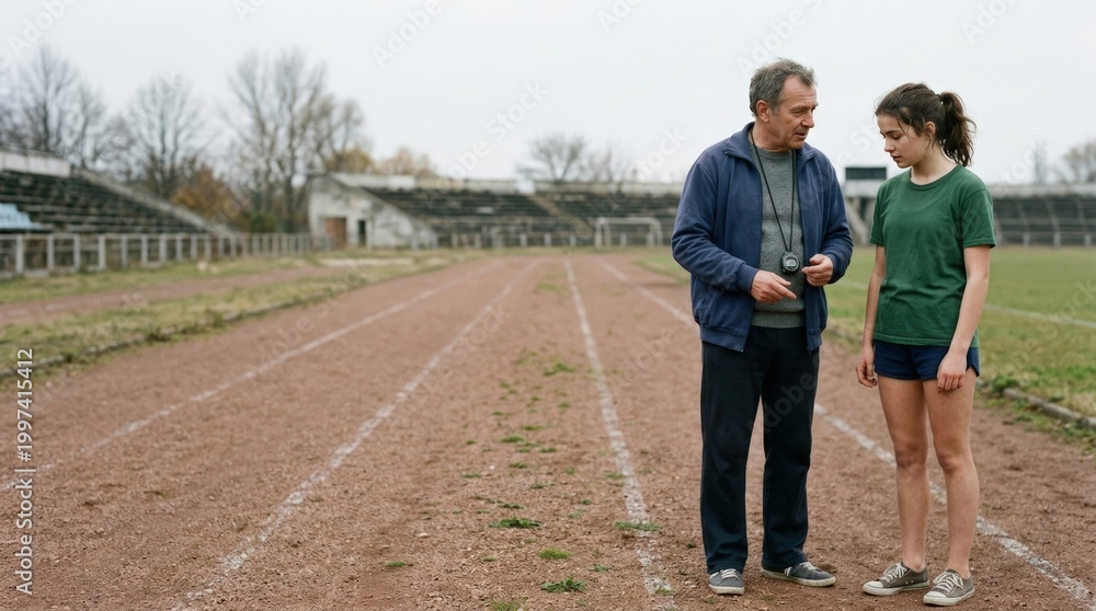 Fototapeta premium Retro athletics coach giving calm instruction to young runner on outdoor track