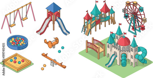 Playground Equipment Set with Swings, Slides, and Castle for Children, Fun, and Outdoor Play Design Projects