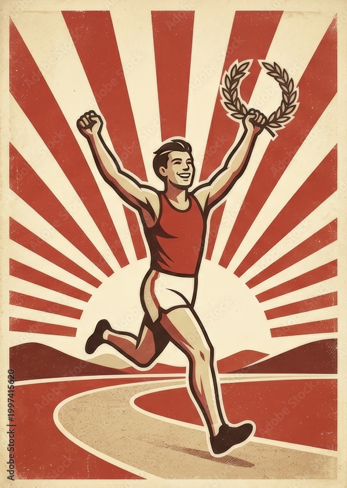 Obraz premium Retro poster style triumphant runner raising arms with laurel wreath