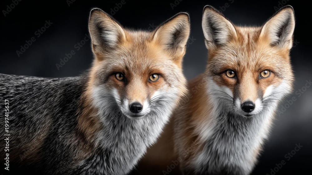 Fototapeta premium Foxes pose together in a dark setting, showcasing their distinct features and expressions