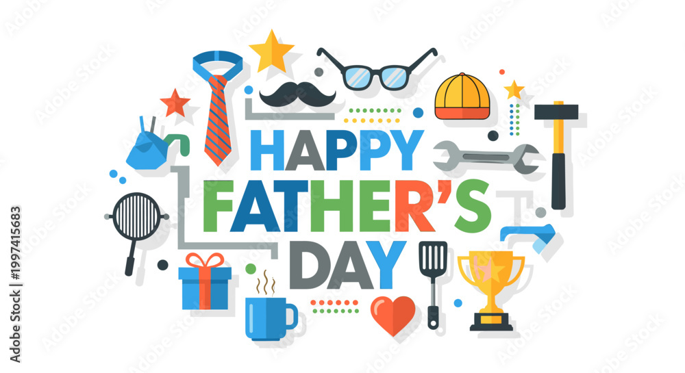 Fototapeta premium Happy Father's Day flat design illustration with various dad-related items like a tie, mustache, tools, and gifts, on a white background.