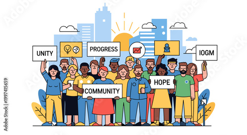 A diverse group of people holding signs promoting unity, community, progress, and hope in front of a city skyline at sunrise.