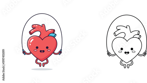 Kawaii Human Heart Character Jump Roping for Cardio Health Illustration and Black and White Line Art Version for Kids Coloring Page Vector Graphic