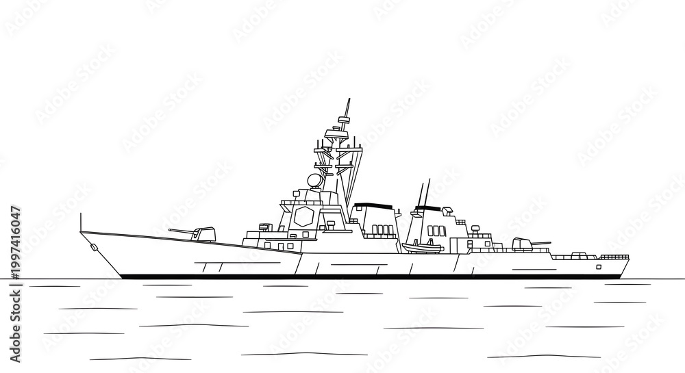 Fototapeta premium Modern Naval Destroyer Warship Line Art Illustration, Military Ship Outline for Coloring and Education