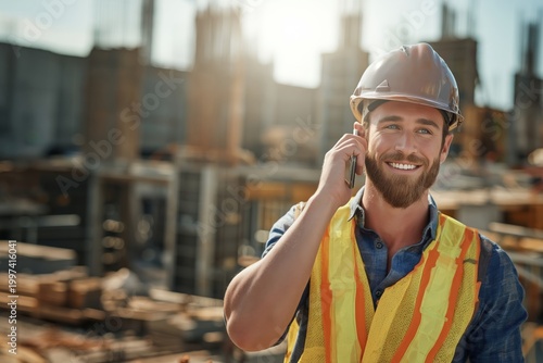 Smiling Worker Talks on Phone at Construction Site in Sunlight During the Day