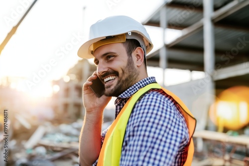 Smiling Worker Talks on Phone at Construction Site in Sunlight During the Day