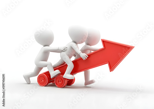 3D Teamwork Growth Concept with People Running on Up Arrow