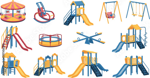 Playground Rides and Equipment Set for Kids' Playgrounds, Amusement Parks, and Fun Activities Design Projects