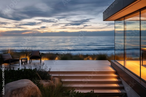 Sunset View From a Modern House by the Beach With Chairs and Ocean Waves
