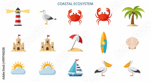Coastal beach vacation icons and symbols.