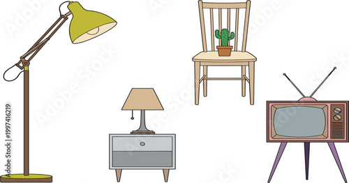 Mid century furniture set with floor lamp chair vintage television and bedside table retro home interior objects vector illustration