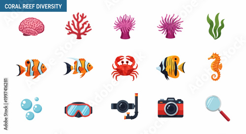 Colorful Coral Reef Marine Life Icons.