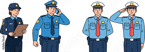 Police Officer Characters in Various Poses and Uniforms for Law Enforcement, Security, and Professional Service Design Projects
