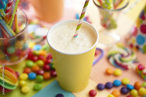 Colorful Candies Around a Milkshake With a Straw on a Bright Table