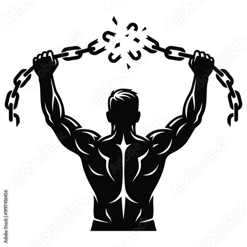 Muscular man breaking chains isolated on white background