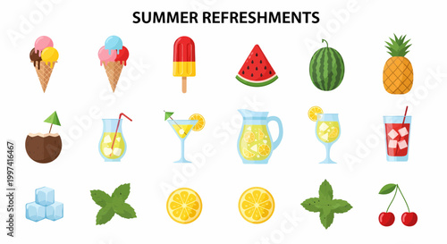 Colorful summer refreshment icons set.