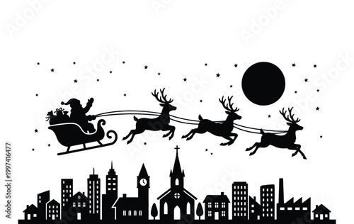 Santa claus in sleigh with reindeer flying over city skyline