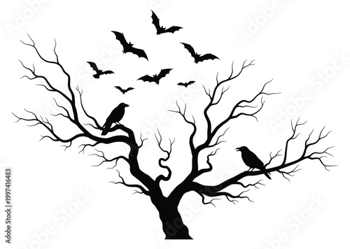 Spooky dead tree silhouette with crows and bats isolated on white background