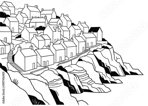 Coastal village with houses perched on a rocky cliffside