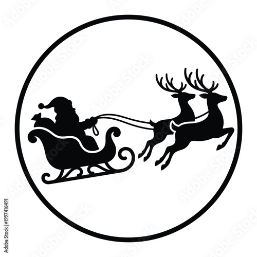 Santa claus in a sleigh with reindeer silhouette isolated on white background