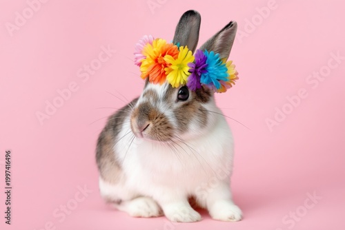 Cute Rabbit With a Flower Crown on a Pink Background in a Studio Setting