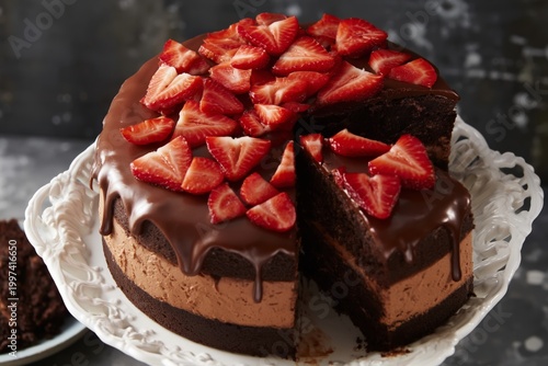 Chocolate Cake With Strawberries on Top Displayed on a White Plate in a Kitch...