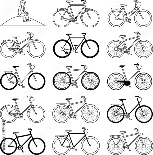 Diverse Bicycle Designs Collection Line Art Isolated on White