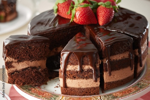 Chocolate Cake With Strawberries on Top Displayed on a White Plate in a Kitch...