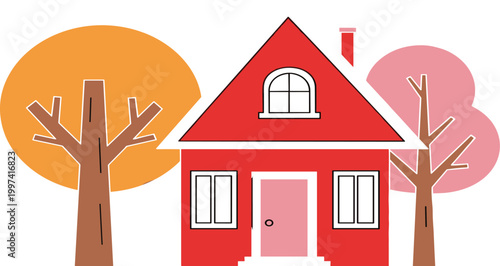Simple red house with trees minimal flat design suburban home exterior autumn landscape vector illustration